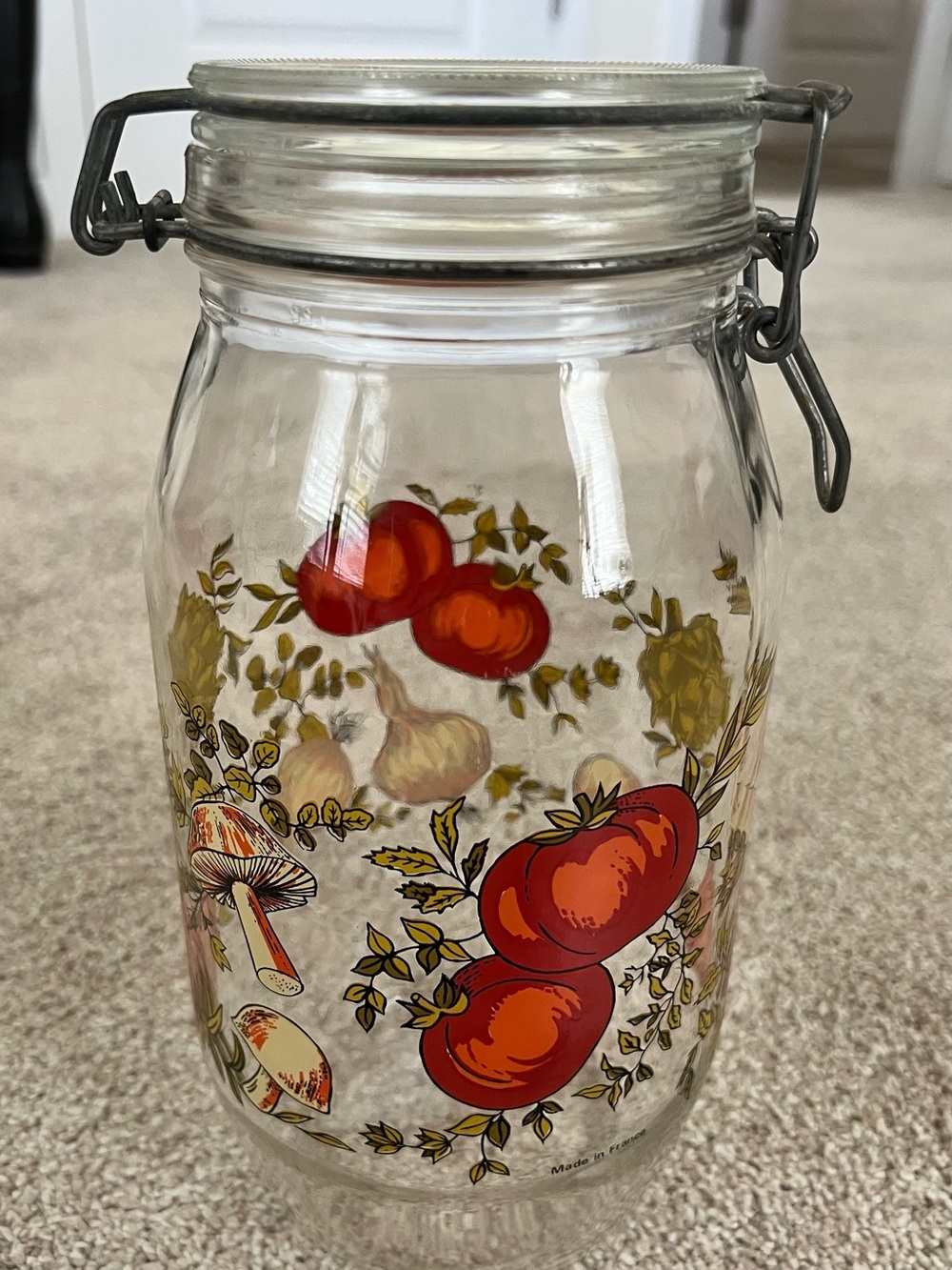 Vintage ARC France 2L Canister Jar with Lid - Mushrooms & Tomatoes